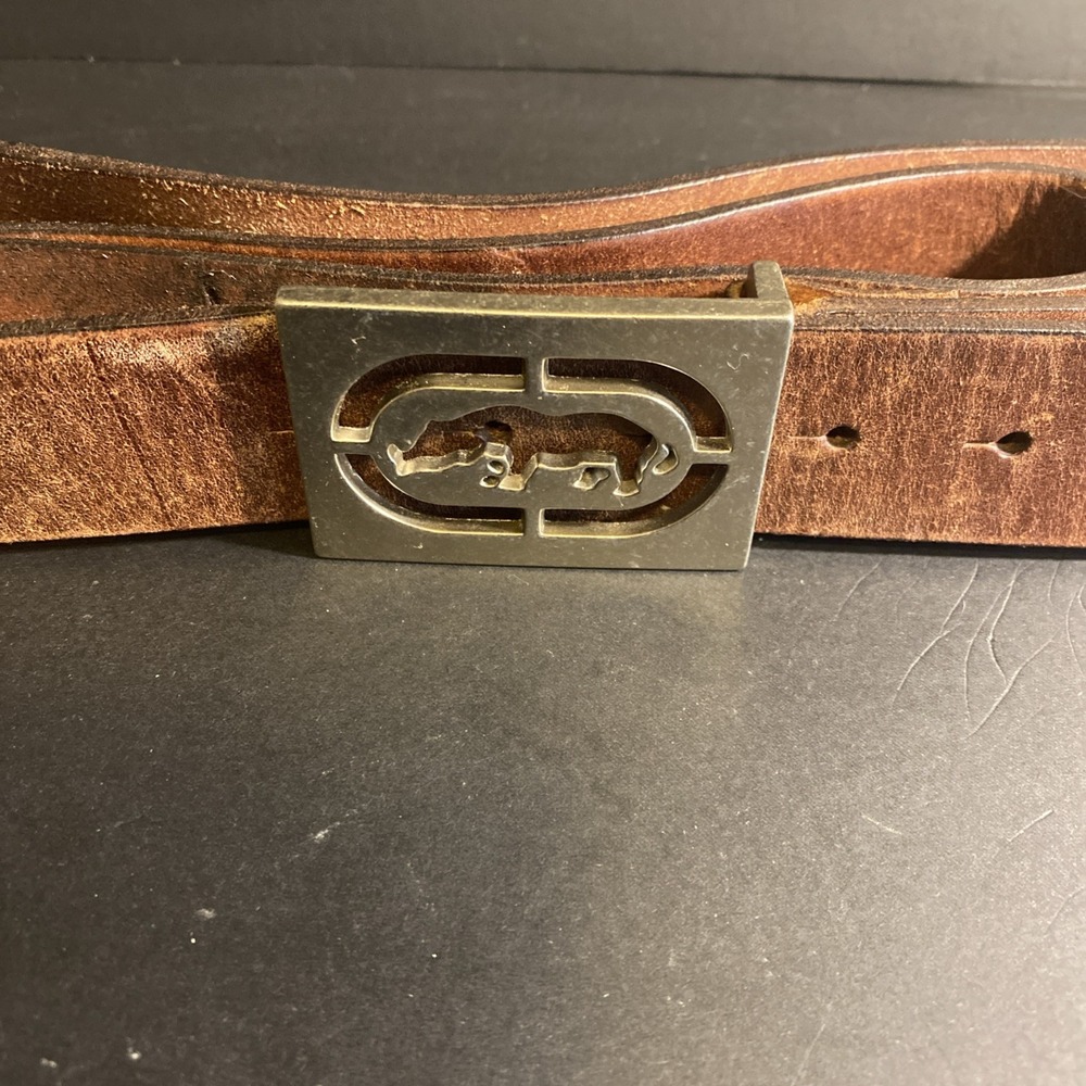 VTG Eckō Unltd. Belt Classic Big Rhino Logo Buckle Leather Brown Men's 40" Y2K